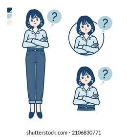 Young woman in an open-collared shirt with Question images.It's vector art so it's easy to edit.