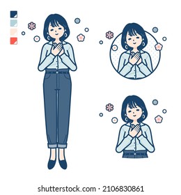 Young woman in an open-collared shirt with Rest images.It's vector art so it's easy to edit.