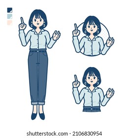 Young woman in an open-collared shirt with speaking images.It's vector art so it's easy to edit.