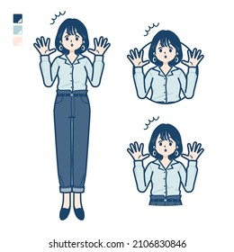Young woman in an open-collared shirt with surprised images.It's vector art so it's easy to edit.