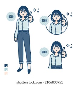 Young woman in an open-collared shirt with Thumbs up images.It's vector art so it's easy to edit.