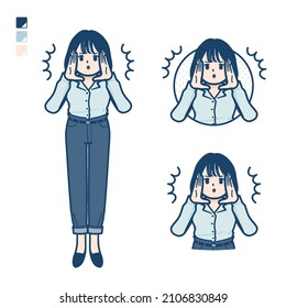 Young woman in an open-collared shirt with Warned loudly images.It's vector art so it's easy to edit.
