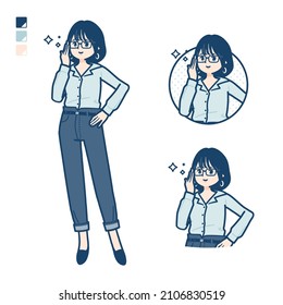 Young woman in an open-collared shirt with Wearing glasses images.It's vector art so it's easy to edit.