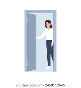 Young woman opening gray door, female character standing in doorway for meeting vector illustration