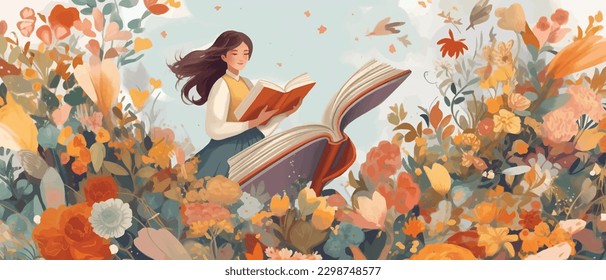 Young woman opening a huge open book surrounding the many flowers, leaves, plants. Back to school, library concept design. Vector illustration, poster and banner Book festival concept