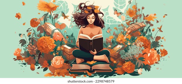 Young woman opening a huge open book surrounding the many flowers, leaves, plants. Back to school, library concept design. Vector illustration, poster and banner Book festival concept