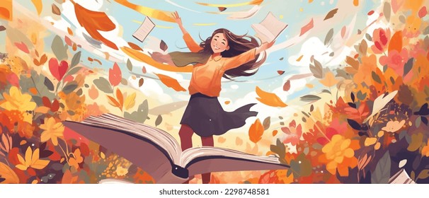 Young woman opening a huge open book surrounding the many flowers, leaves, plants. Back to school, library concept design. Vector illustration, poster and banner Book festival concept