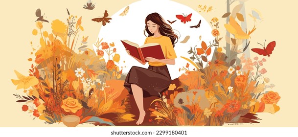 Joven abriendo un enorme libro abierto que rodea las muchas flores, hojas, plantas. De vuelta a la escuela, diseño de concepto de biblioteca. Ilustración vectorial, póster y banner Concepto del festival del libro