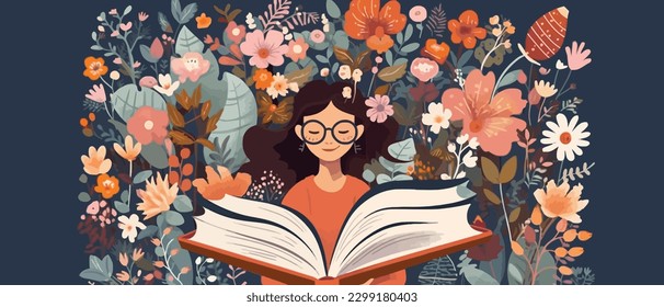 Joven abriendo un enorme libro abierto que rodea las muchas flores, hojas, plantas. De vuelta a la escuela, diseño de concepto de biblioteca. Ilustración vectorial, póster y banner Concepto del festival del libro