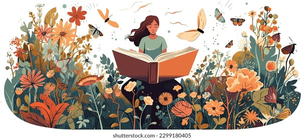 Joven abriendo un enorme libro abierto que rodea las muchas flores, hojas, plantas. De vuelta a la escuela, diseño de concepto de biblioteca. Ilustración vectorial, póster y banner Concepto del festival del libro