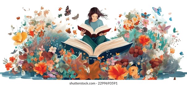 Young woman opening a huge open book surrounding the many flowers, leaves, plants. Back to school, library concept design. Vector illustration, poster and banner Book festival concept
