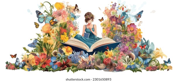 Young woman opening a huge open book surrounding the many flowers, leaves, plants. Back to school, library concept design. Vector illustration, poster and banner Book festival concept