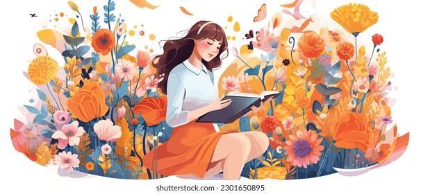 Young woman opening a huge open book surrounding the many flowers, leaves, plants. Back to school, library concept design. Vector illustration, poster and banner Book festival concept