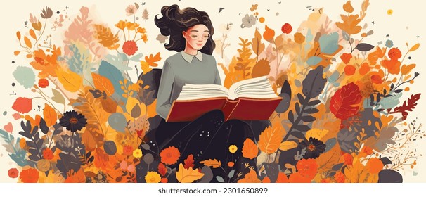 Young woman opening a huge open book surrounding the many flowers, leaves, plants. Back to school, library concept design. Vector illustration, poster and banner Book festival concept