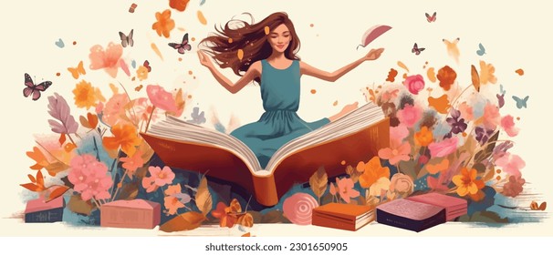 Young woman opening a huge open book surrounding the many flowers, leaves, plants. Back to school, library concept design. Vector illustration, poster and banner Book festival concept