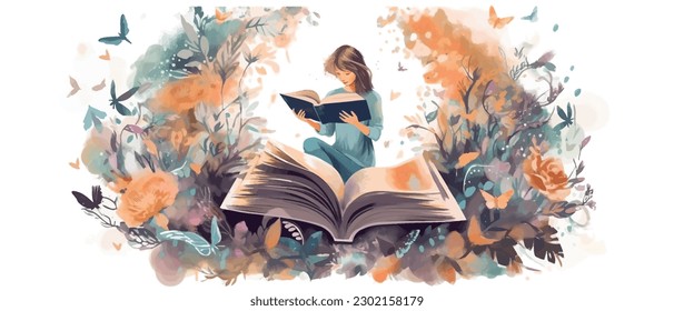 Young woman opening a huge open book surrounding the many flowers, leaves, plants. Back to school, library concept design. Vector illustration, poster and banner Book festival concept