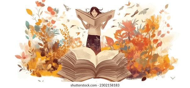 Young woman opening a huge open book surrounding the many flowers, leaves, plants. Back to school, library concept design. Vector illustration, poster and banner Book festival concept