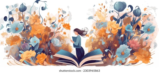 Young woman opening a huge open book surrounding the many flowers, leaves, plants. Back to school, library concept design. Vector illustration, poster and banner Book festival concept