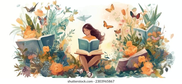 Young woman opening a huge open book surrounding the many flowers, leaves, plants. Back to school, library concept design. Vector illustration, poster and banner Book festival concept