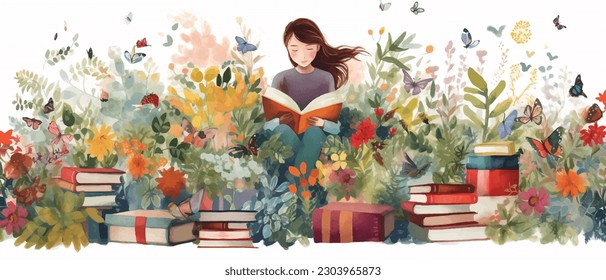 Young woman opening a huge open book surrounding the many flowers, leaves, plants. Back to school, library concept design. Vector illustration, poster and banner Book festival concept