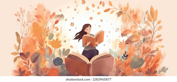 Young woman opening a huge open book surrounding the many flowers, leaves, plants. Back to school, library concept design. Vector illustration, poster and banner Book festival concept