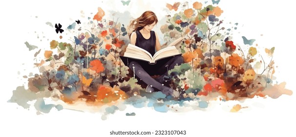 Young woman opening a huge open book surrounding the many flowers, leaves, plants. Back to school, library concept design. Vector illustration, poster and banner Book festival concept