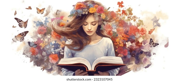 Young woman opening a huge open book surrounding the many flowers, leaves, plants. Back to school, library concept design. Vector illustration, poster and banner Book festival concept