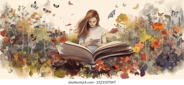 Young woman opening a huge open book surrounding the many flowers, leaves, plants. Back to school, library concept design. Vector illustration, poster and banner Book festival concept