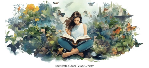 Young woman opening a huge open book surrounding the many flowers, leaves, plants. Back to school, library concept design. Vector illustration, poster and banner Book festival concept