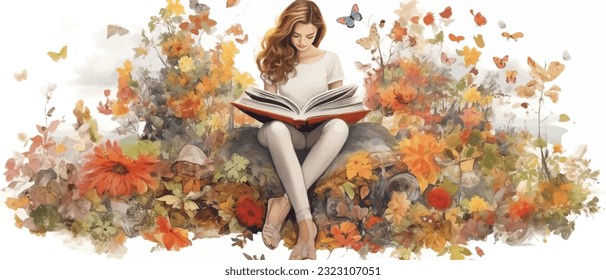 Young woman opening a huge open book surrounding the many flowers, leaves, plants. Back to school, library concept design. Vector illustration, poster and banner Book festival concept