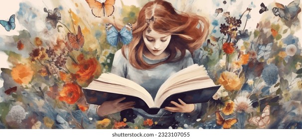 Young woman opening a huge open book surrounding the many flowers, leaves, plants. Back to school, library concept design. Vector illustration, poster and banner Book festival concept