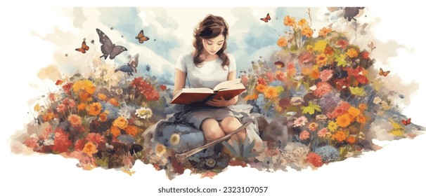 Young woman opening a huge open book surrounding the many flowers, leaves, plants. Back to school, library concept design. Vector illustration, poster and banner Book festival concept