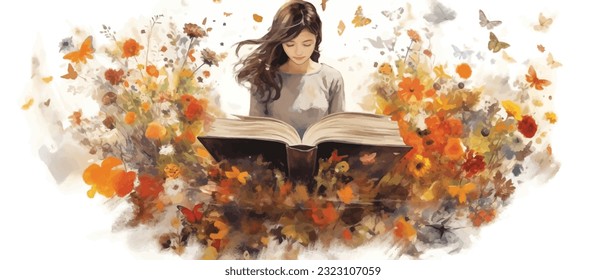 Young woman opening a huge open book surrounding the many flowers, leaves, plants. Back to school, library concept design. Vector illustration, poster and banner Book festival concept