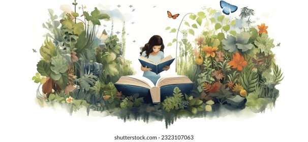 Young woman opening a huge open book surrounding the many flowers, leaves, plants. Back to school, library concept design. Vector illustration, poster and banner Book festival concept