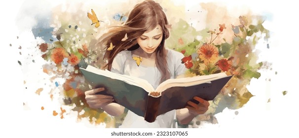 Young woman opening a huge open book surrounding the many flowers, leaves, plants. Back to school, library concept design. Vector illustration, poster and banner Book festival concept