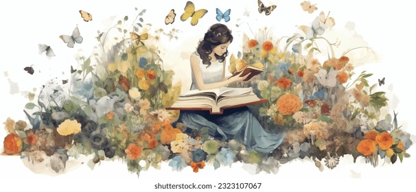 Young woman opening a huge open book surrounding the many flowers, leaves, plants. Back to school, library concept design. Vector illustration, poster and banner Book festival concept