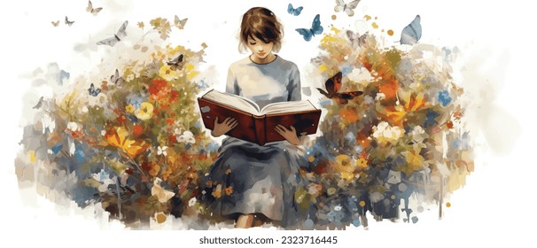 Young woman opening a huge open book surrounding the many flowers, leaves, plants. Back to school, library concept design. Vector illustration, poster and banner Book festival concept