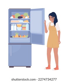 Young woman opening refrigerator door semi flat color vector character. Editable figure. Full body person on white. Simple cartoon style spot illustration for web graphic design and animation