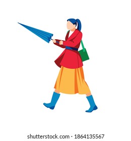 Young woman opening umbrella in rain. Autumn or spring season, rainy windy weather. Girl in fashionable clothes walking on nature with umbrella flat vector illustration