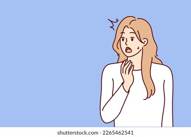 Young woman opens mouth when she sees unexpected event or experiences shock reaction after harsh statement. Girl is shocked by unexpected news about moving crisis or upcoming problems in labor market 