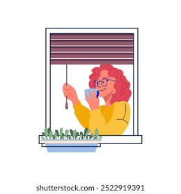 Young woman opens window and drinks morning coffee. Happy red-haired girl alone rest at home with cup of tea, enjoying warm weather. Vector illustration of female person relax in apartment.