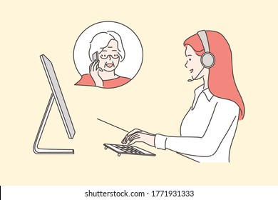  Young woman operator consultant cartoon character with headset talking with senior citizen old female online. Remote customer support illustration.