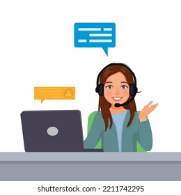 Young woman operator customer service working in call centre talking with customer with headset and microphone