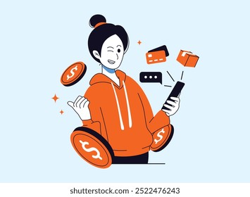 A young woman in an orange hoodie is excitedly using her smartphone, surrounded by coins, a credit card, a package, and a speech bubble. This suggests successful online shopping or a digital payment t