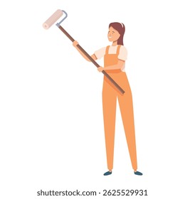 Jovem mulher de macacão laranja está segurando um rolo de tinta se preparando para pintar uma parede