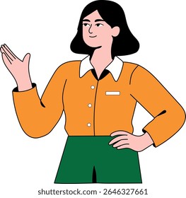 Young woman in orange shirt and green skirt gesturing, presentation