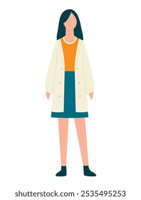 Young woman in orange t-shirt, blue denim skirt and white trench coat isolated on white background. Vector illustration. Flat faceless style. Vector illustration