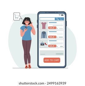 Young woman ordering clothes in online store via smartphone. Vector illustration.