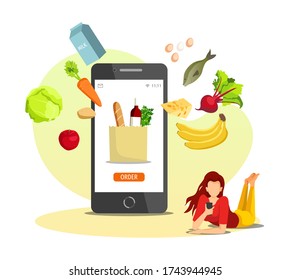 Joven pidiendo comida en una aplicación móvil. Tienda de comestibles, Mercado en línea, concepto de entrega en casa. Ilustración vectorial aislada para afiches, banner, publicidad, comercial.