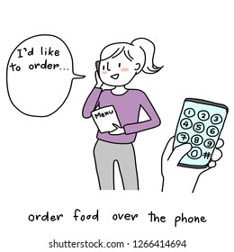 Young woman ordering food over the phone. Happy female client holding menu and talking on the phone to order food delivery. Close-up hand touching mobile phone screen, dialing food delivery number.